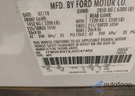 2018 Ford Explorer Sport из США, поврежденный, VIN 1FM5K8GTXJGC47402